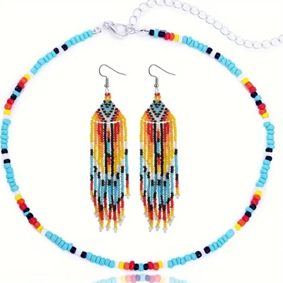 Jewelry - NWOT Bohemian Style Handmade Tassel Earrings And Colorful Bead Necklace Set